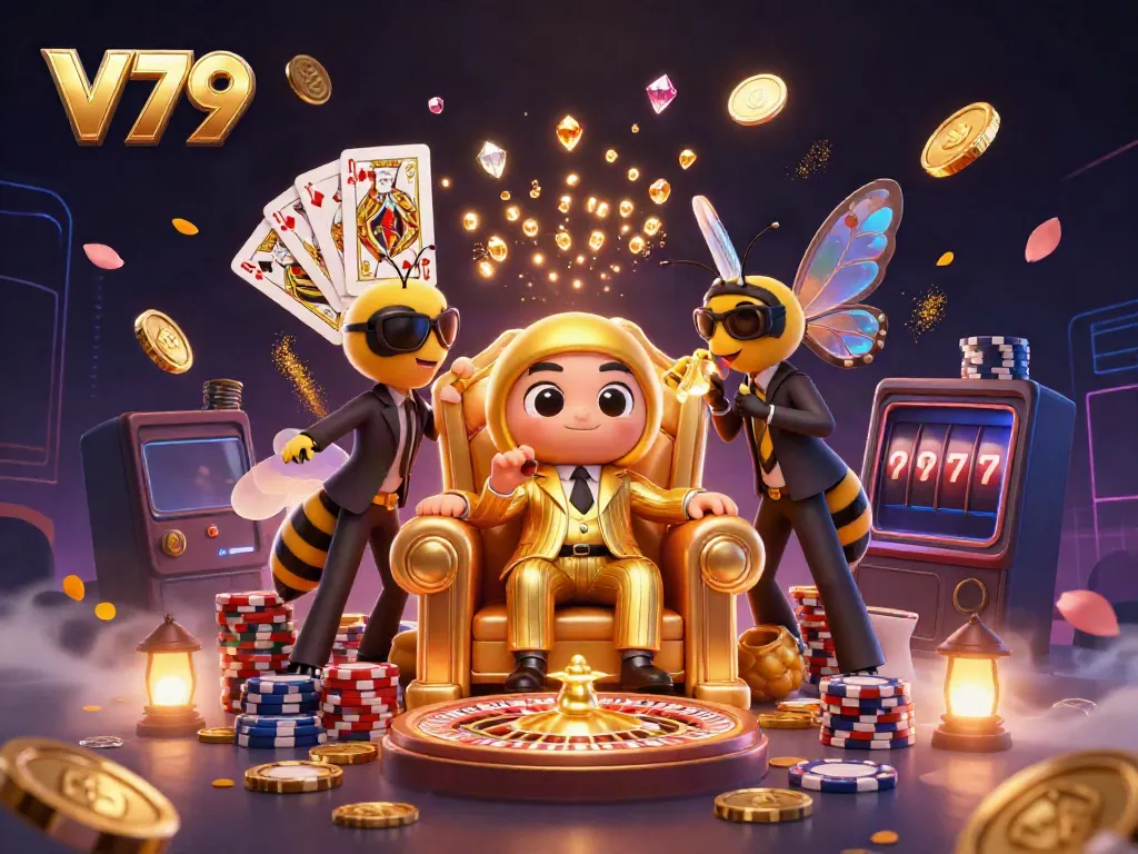 Experience the thrilling V79 casino atmosphere with vibrant characters and dynamic game elements.