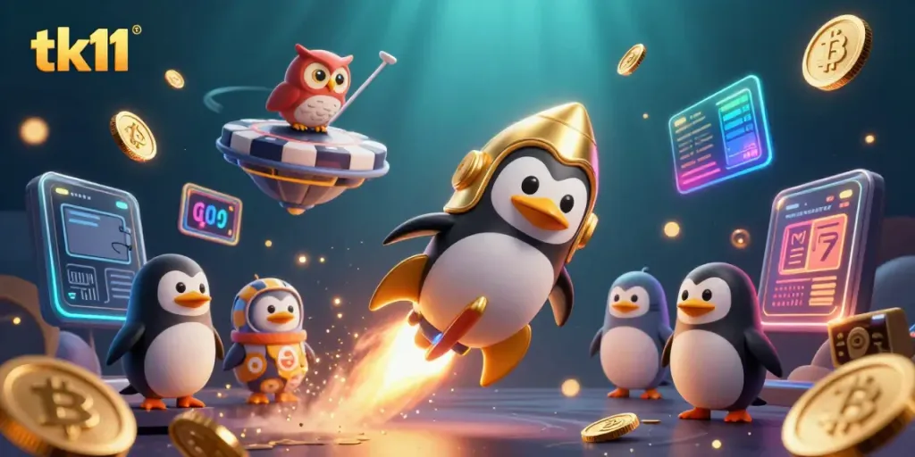 Engage in thrilling gameplay at tk11, with a golden penguin and casino elements in a cosmic scene.