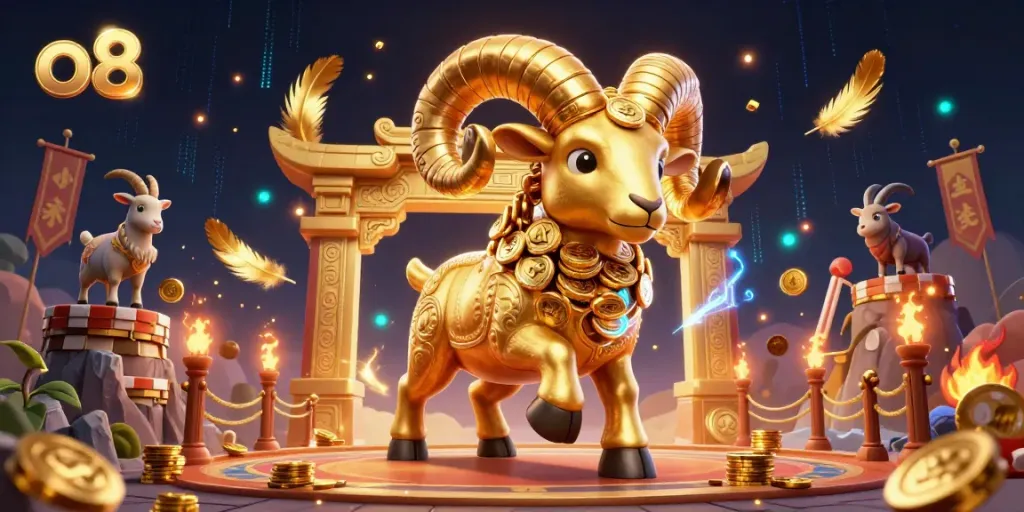 Witness the thrilling action of the o8 casino scene with a golden ram charging at a gateway, surrounded by vibrant game elements.