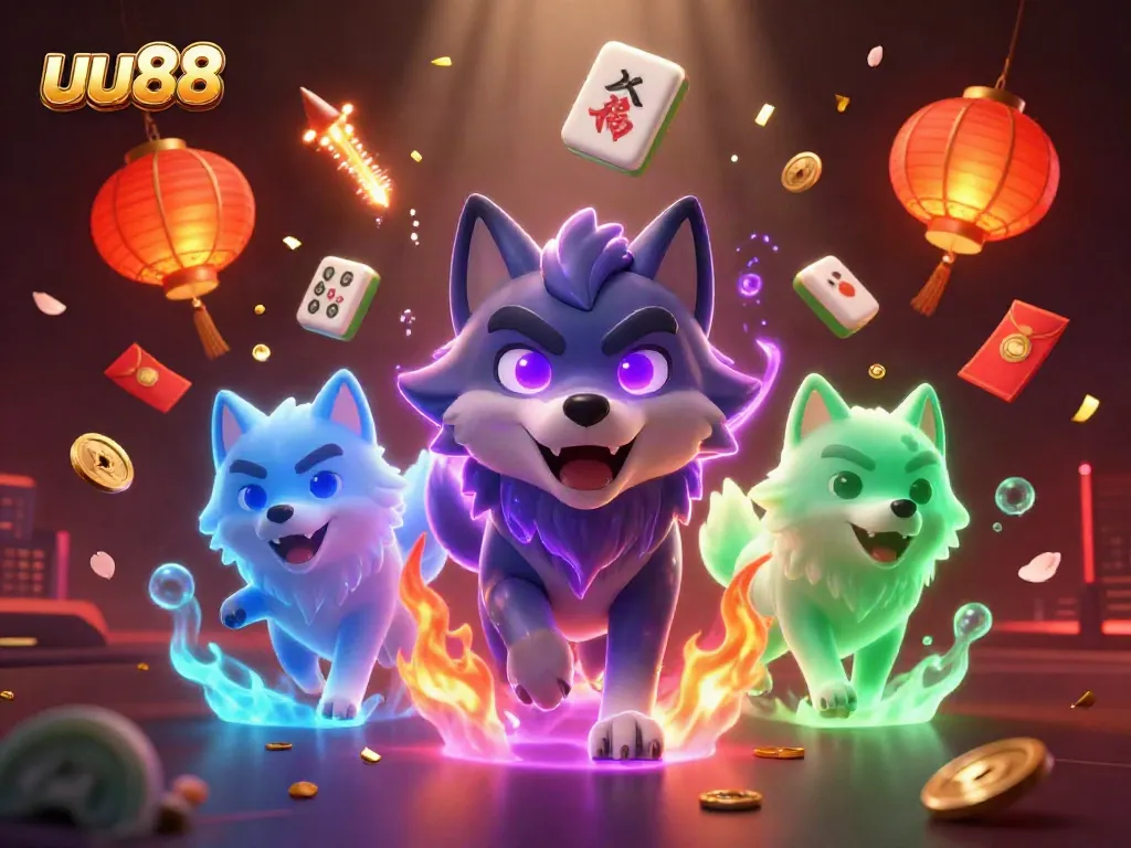 Experience the thrilling action of uu88 as a glowing wolf leader leads a dynamic casino scene filled with vibrant game elements.