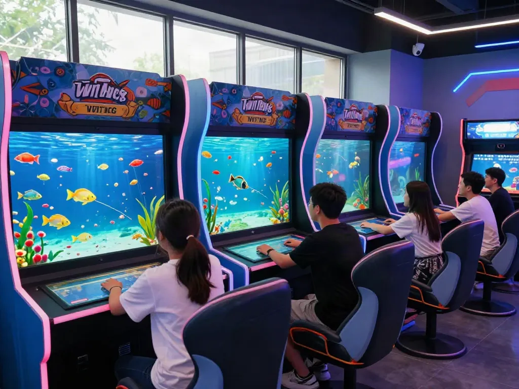 Exciting players engaging in lại là Bắn cá đổi thưởng game at a vibrant gaming lounge, showcasing colorful underwater graphics and social interactions