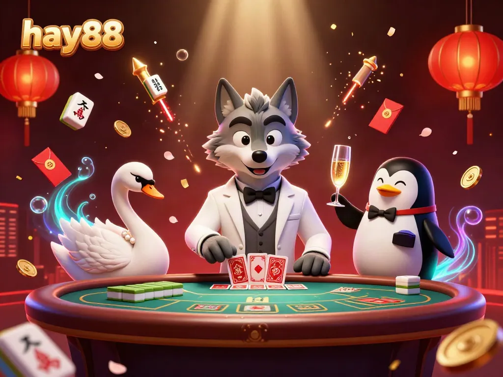 Experience the excitement of hay88 with a vibrant casino scene featuring an elegant wolf, swan, and penguin.
