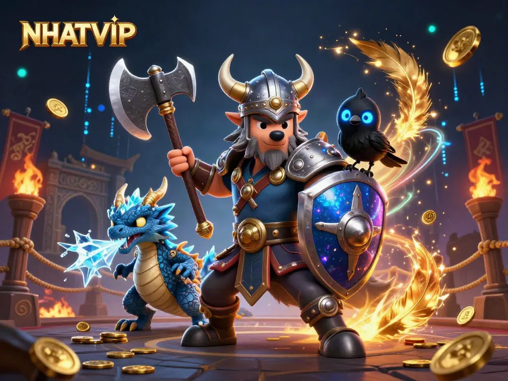 NHATVIP players engage in an epic battle at a casino arena, illuminated by swirling gold particles.
