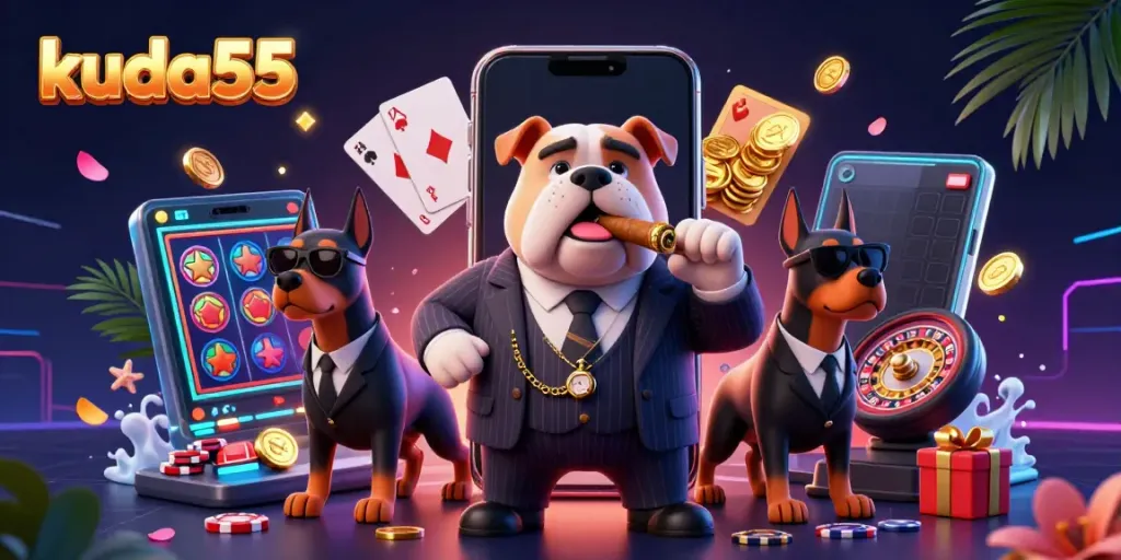 Menangkan jackpot dengan kuda55, karakter kasino 3D bergaya mafia dengan slot dan hadiah.