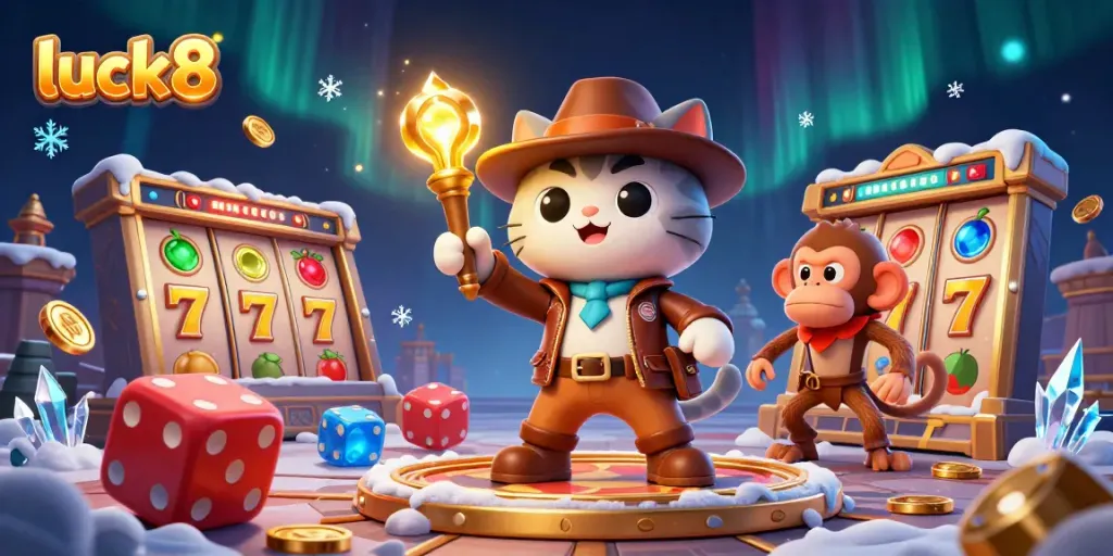 Play slots with luck8 as an archaeologist cat discovers treasures in a golden casino artifact scene.