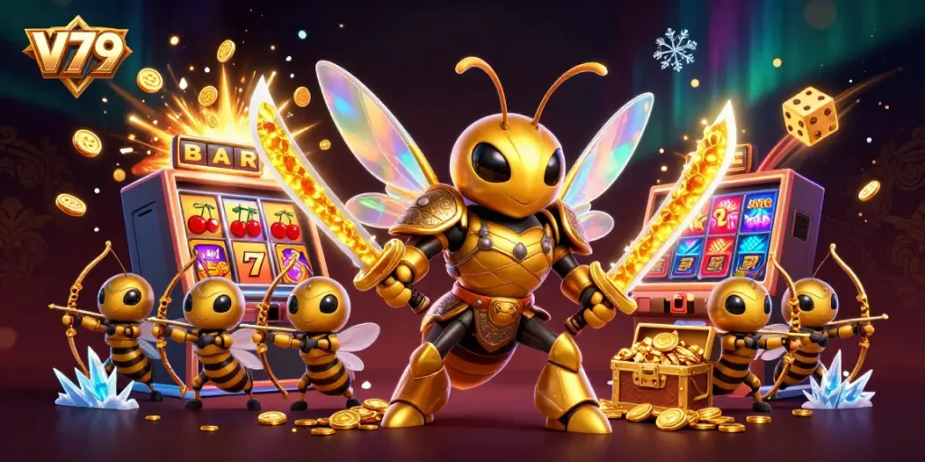 Experience thrilling V79 gaming with a 3D golden hornet samurai and vibrant casino action.