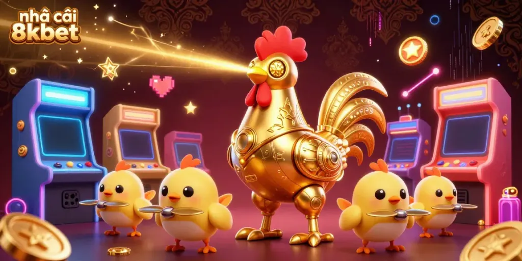 Experience the thrill of nhà cái 8kbet with a dynamic illustration of a golden rooster robot and baby chick drones in a vibrant casino game setting.