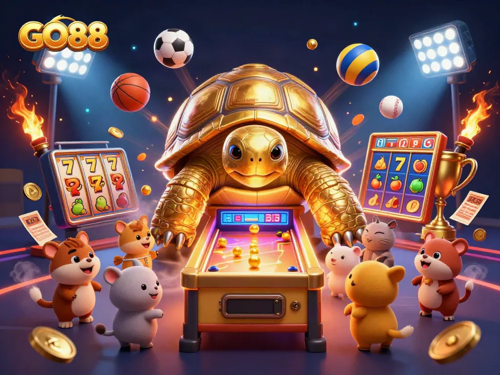 Engage with GO88's vibrant gaming environment featuring a colossal golden tortoise and energetic gameplay