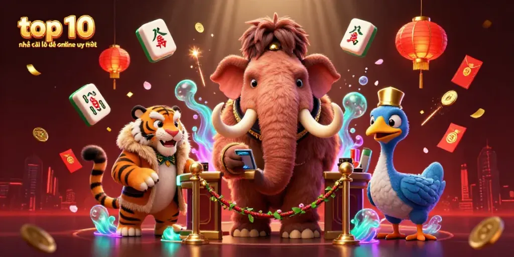 Experience the vibrant atmosphere of the top 10 nhà cái lô đề online uy tín with cartoon mascots in a casino scene.