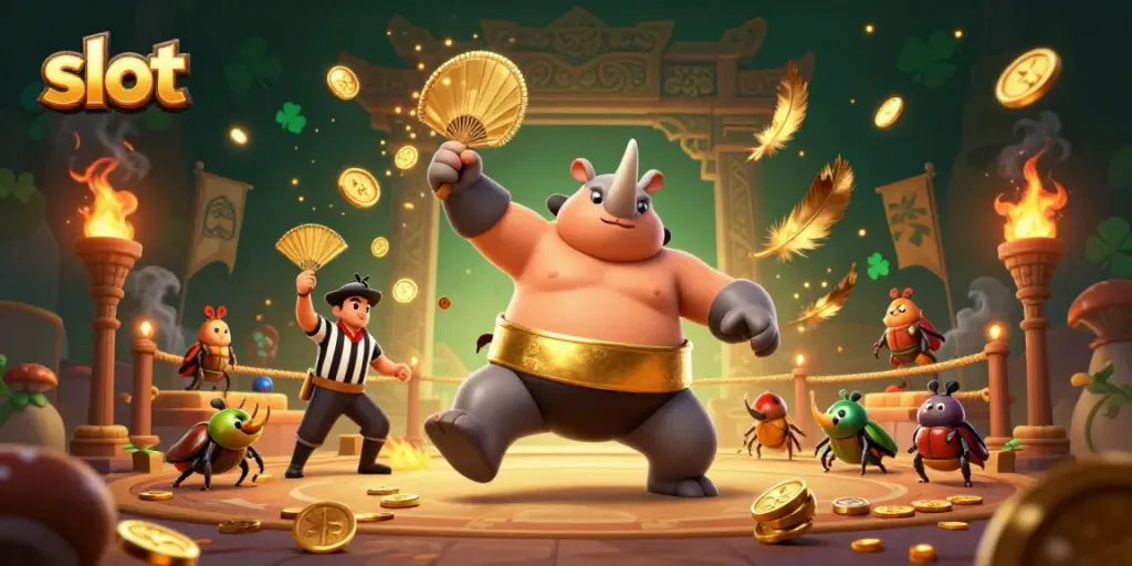 Experience thrilling slot action with a champion beetle, referee, and vibrant coins flying around.