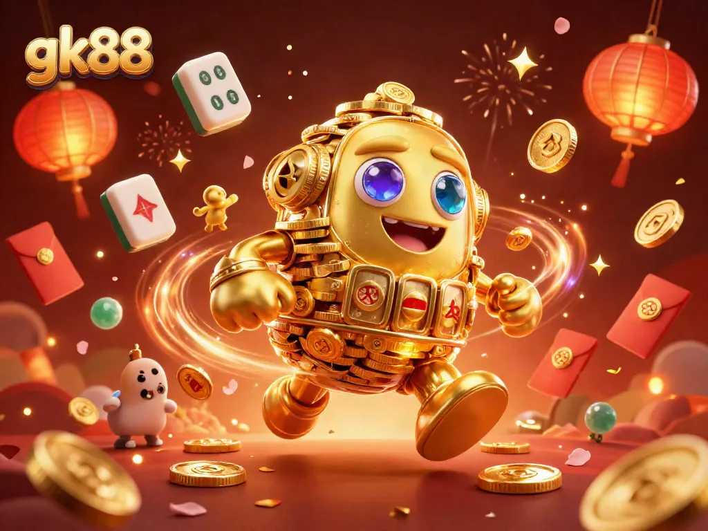 Experience the excitement at gk88 with a vibrant 3D illustration showcasing a golden golem and festive casino elements.