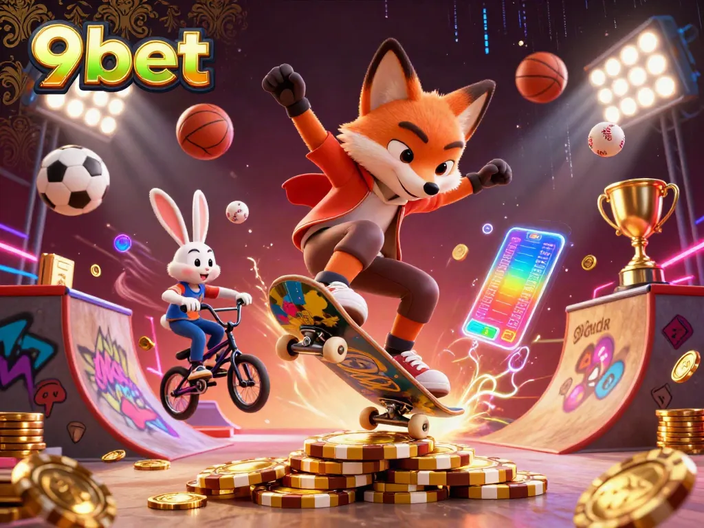 Experience thrilling sports betting action with 9bet featuring a kickflipping fox and dynamic game elements.
