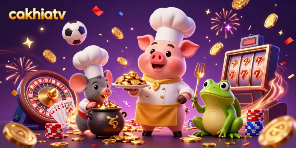 Cakhiatv brings excitement to sports betting with vibrant characters and dynamic casino elements in a colorful 3D scene.
