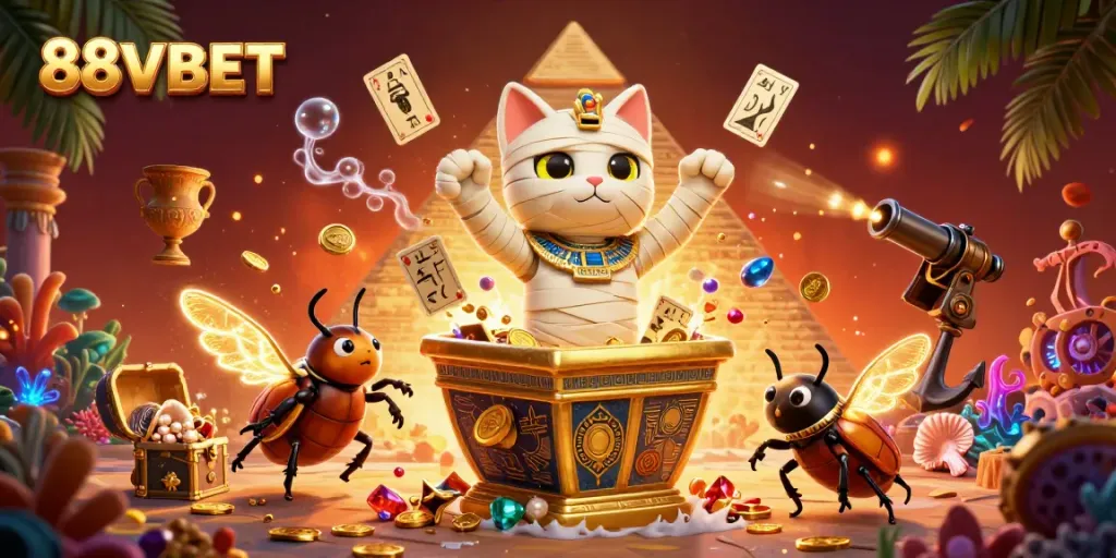 Play 88VBET in an ultra-detailed casino scene with Egyptian themes, showcasing vibrant characters and exciting elements.