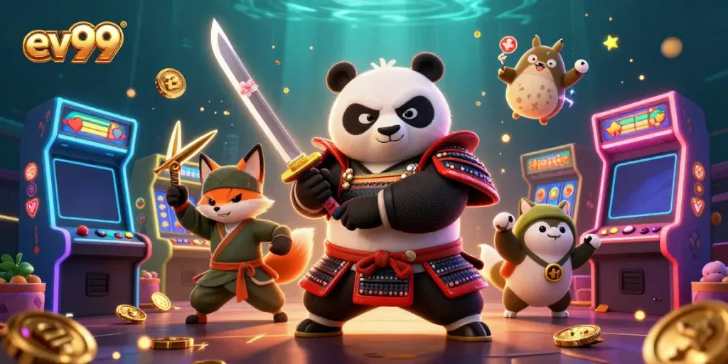 Experience thrilling gameplay at ev99 with a fierce samurai panda and dynamic casino elements.