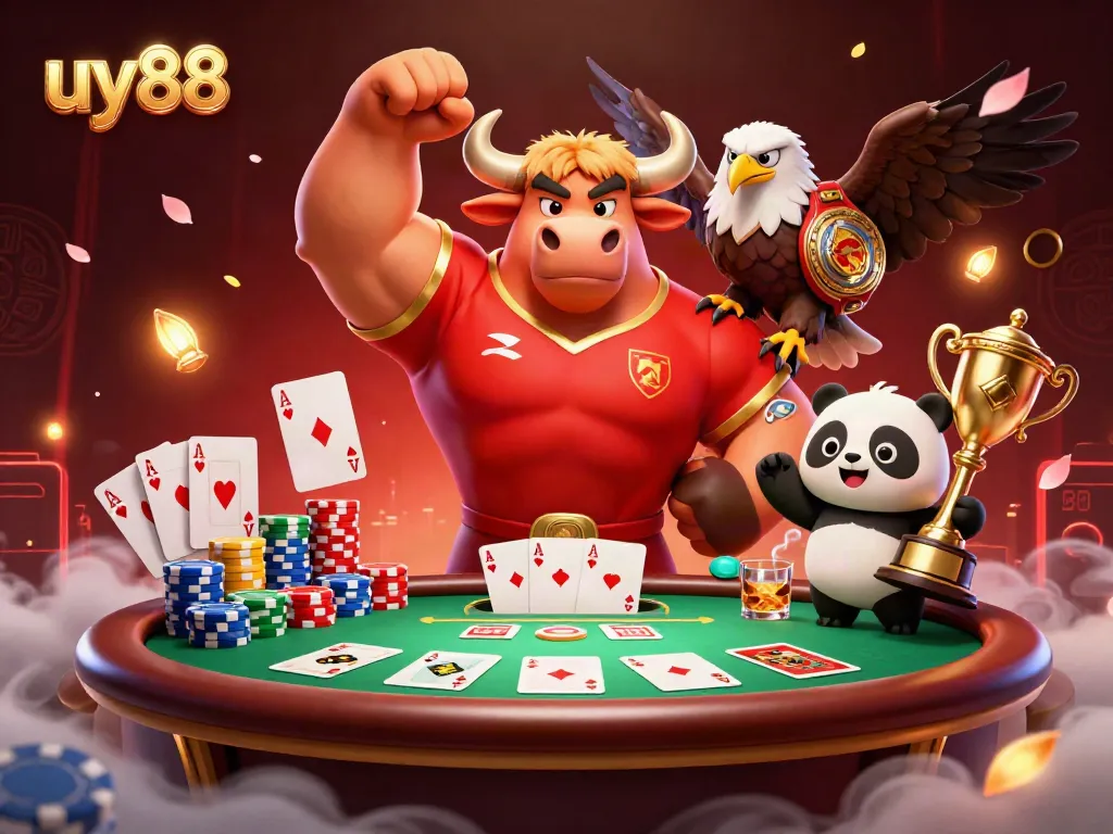 Experience thrilling gaming action with uy88, featuring a victorious bull mascot and festive casino elements.