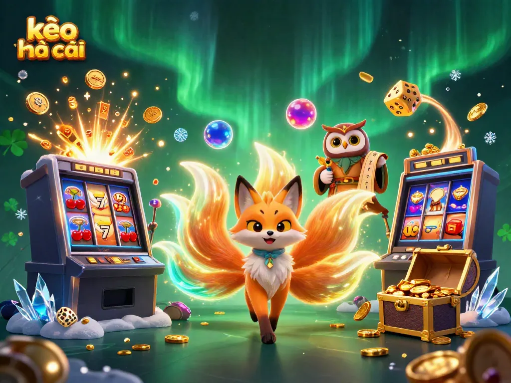 Experience the thrill of kèo nhà cái with a vibrant, dynamic 3D scene featuring a nine-tailed fox and lucky slot symbols.