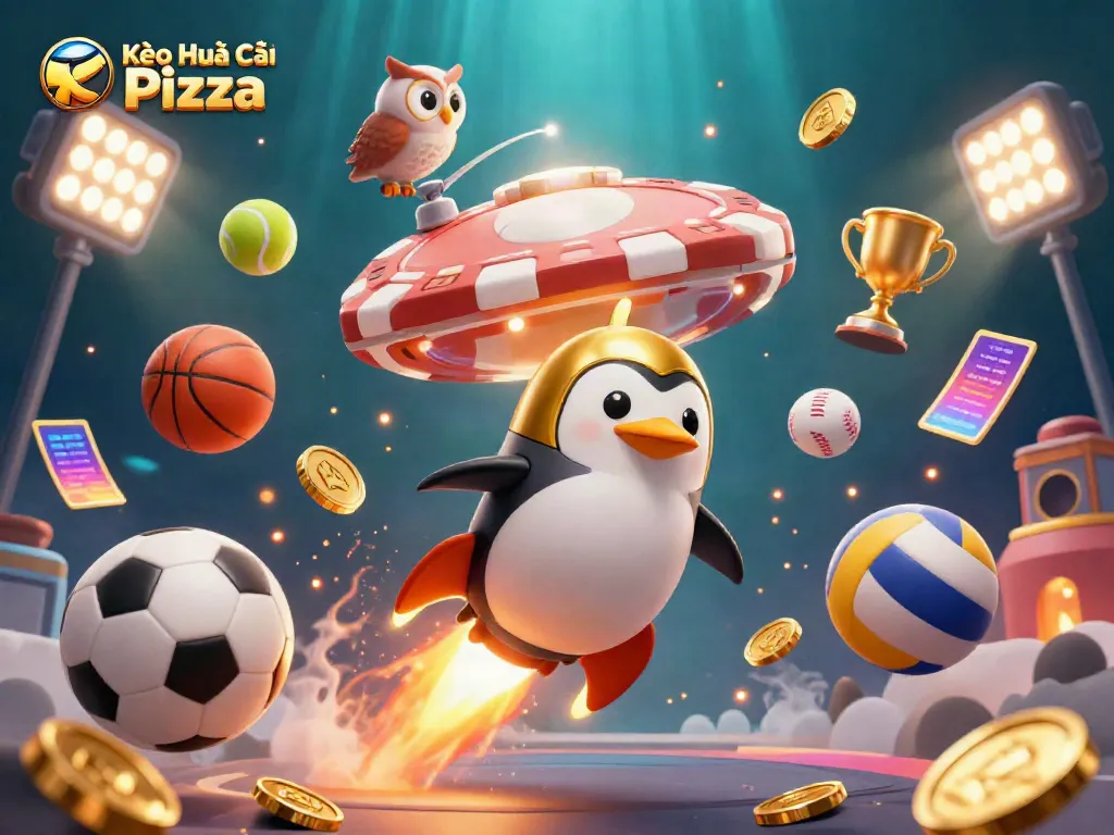 Kèo Nhà Cái Pizza showcases a golden penguin and sports elements soaring towards a vibrant casino backdrop, capturing thrilling betting action.