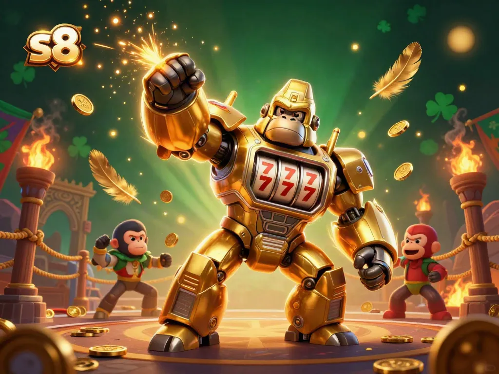 Experience the excitement of s8 with a dynamic 3D illustration of a golden gorilla mech and thrilling casino elements.