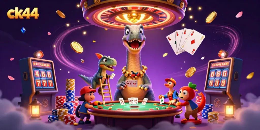 ck44 offers an engaging scene with a dinosaur and raptor dealing cards, showcasing casino elements and excitement.