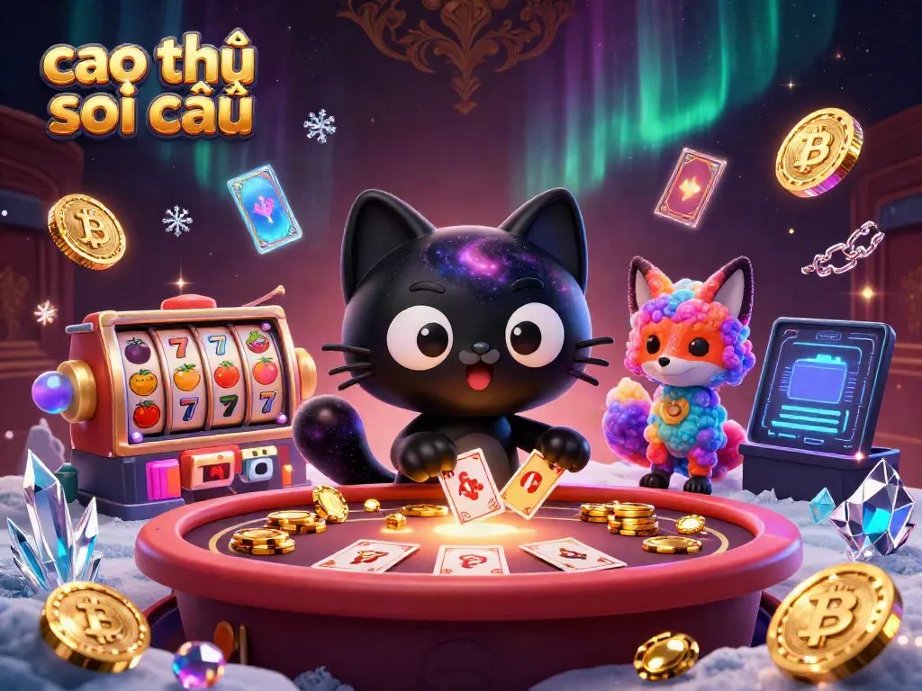 Cao thủ soi cầu features a dynamic cosmic casino scene with a black hole cat and colorful nebula fox.