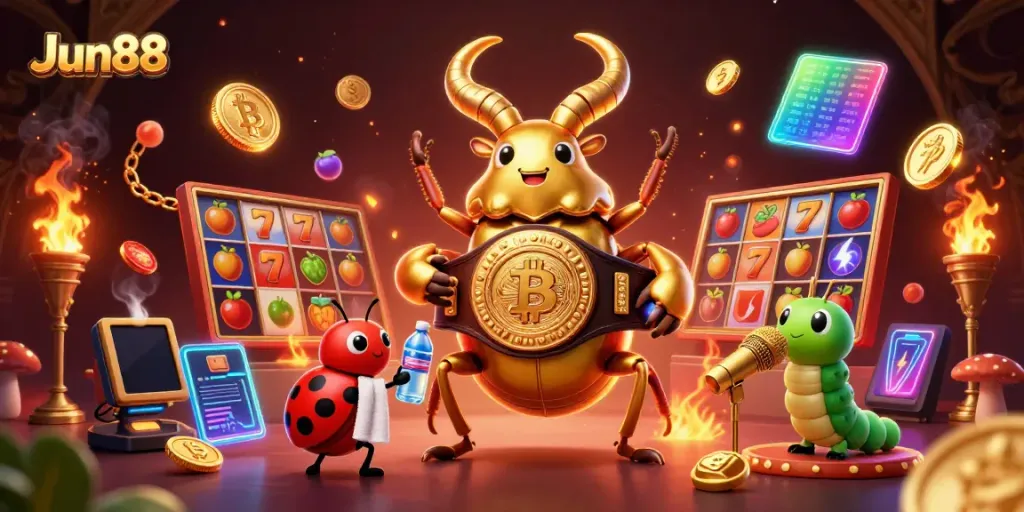 Engage in thrilling play at Jun88 with a vibrant scene featuring a boxing stag beetle and exciting game elements.