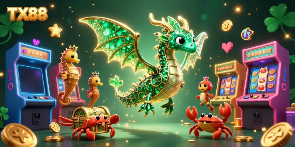Experience thrilling action at TX88 with a vibrant 3D sea dragon and exciting casino elements.