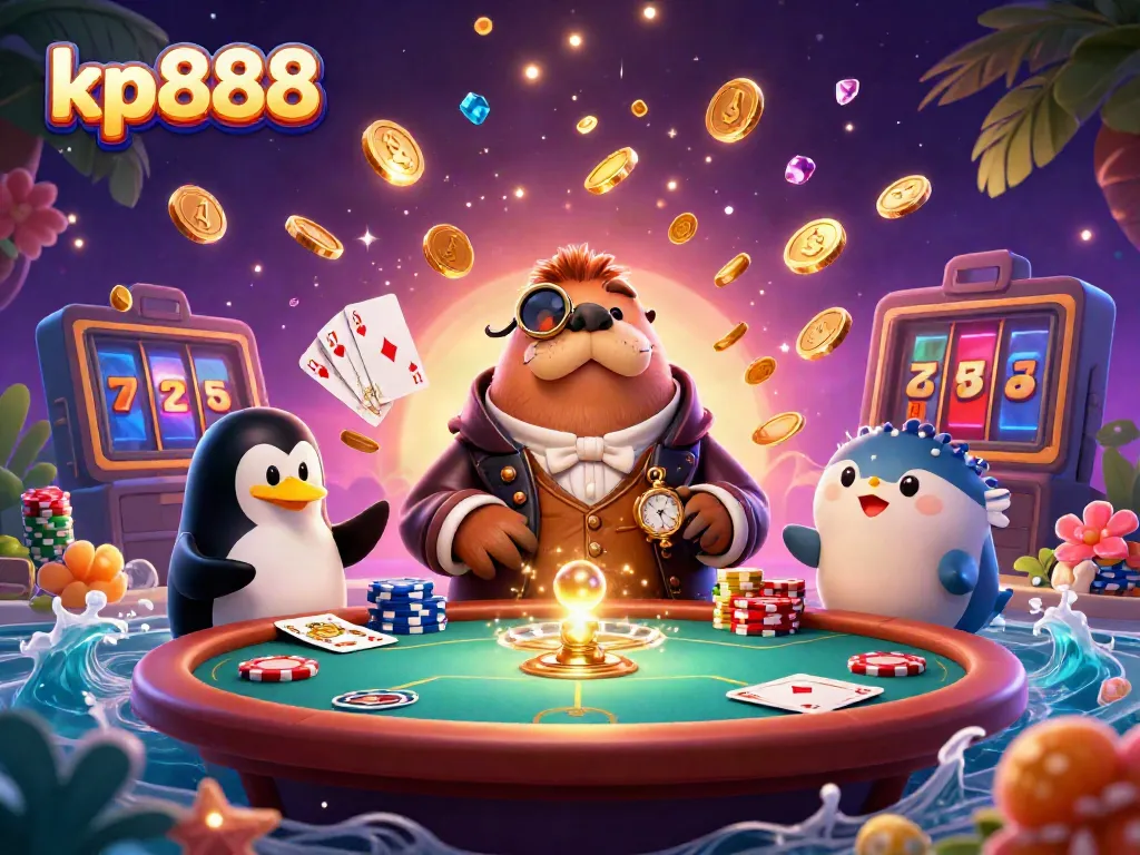 Join the thrilling action at kp888 as cartoon characters play underwater poker amidst a dazzling casino environment.