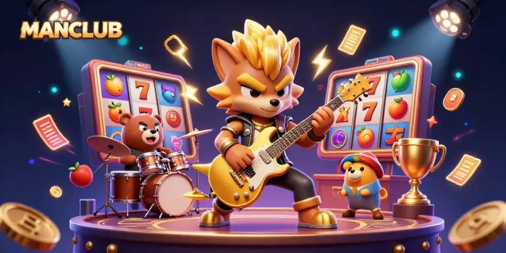 Winning at MANCLUB slots with an energetic rock star wolf and drummer bear on a vibrant casino stage.