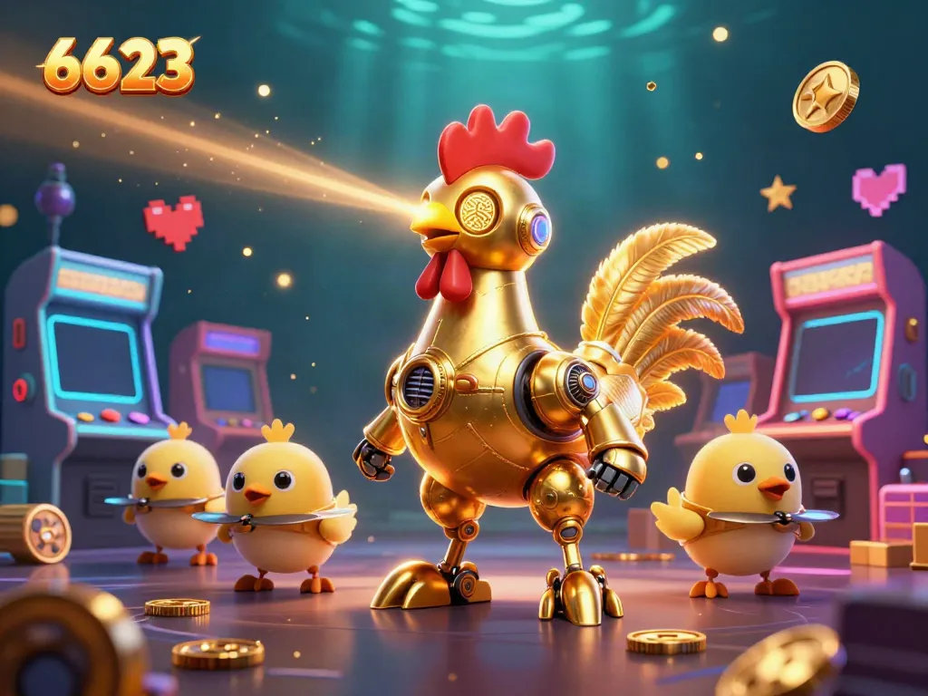 Experience thrilling casino gameplay with 6623, featuring a golden rooster robot and arcade games in a vibrant scene.