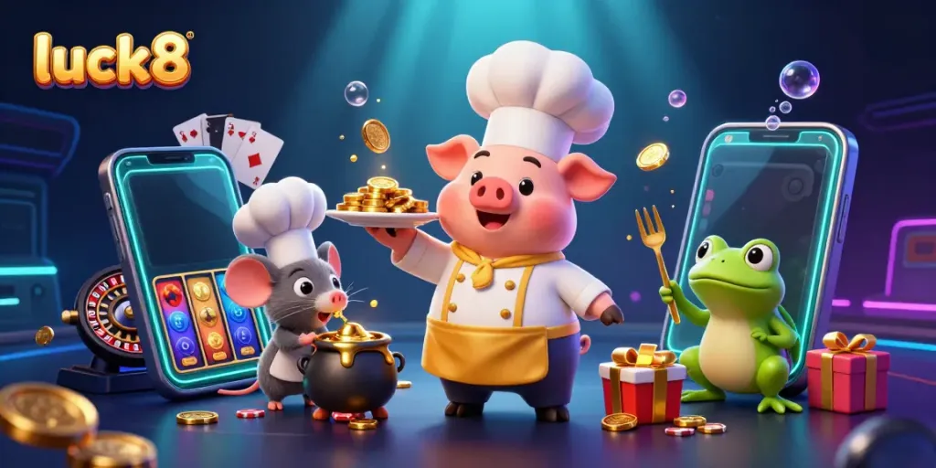 Experience luck8's vibrant gaming world with a chef pig serving gold coins in dynamic casino scene.
