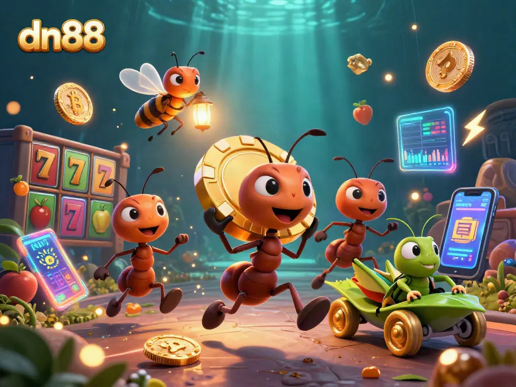 Engage in thrilling casino action with dn88, featuring ants carrying a giant poker chip amidst slot reels and crypto elements.