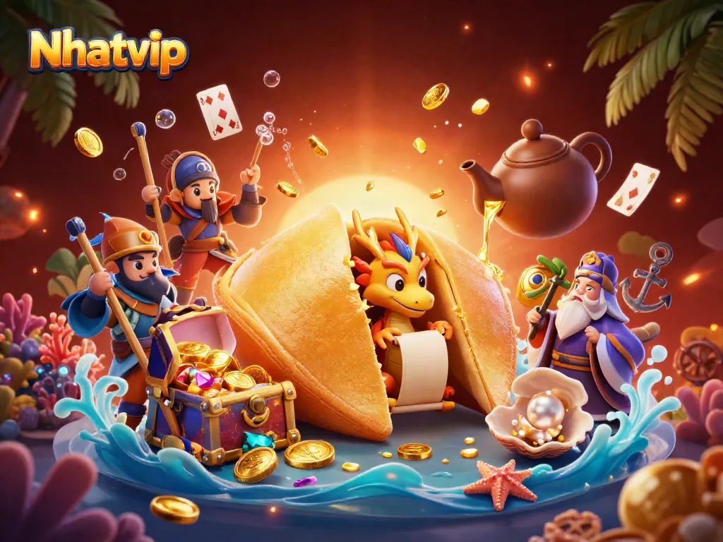 Nhatvip showcases a vibrant 3D scene of fortune and excitement in an animated casino setting.