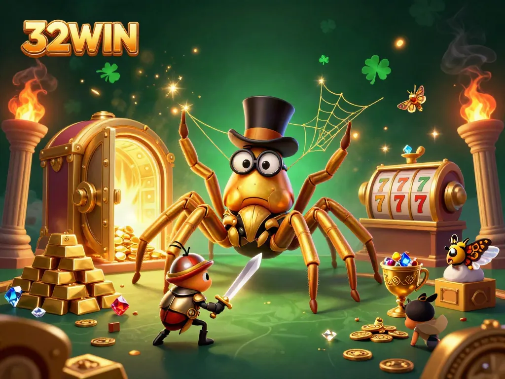 Experience the thrill of winning at 32WIN with a dynamic casino scene featuring a giant tarantula and a beetle knight.