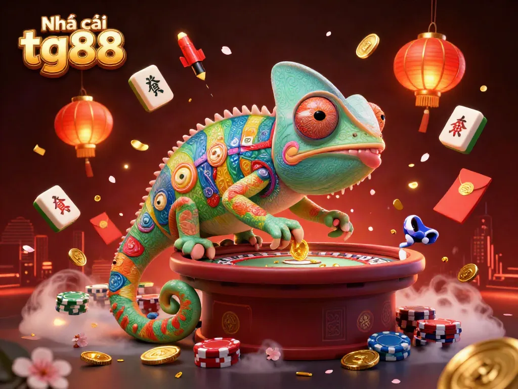 Engaging visual showcasing Nhà cái tg88 with vibrant chameleon casino owner and dynamic gaming elements.