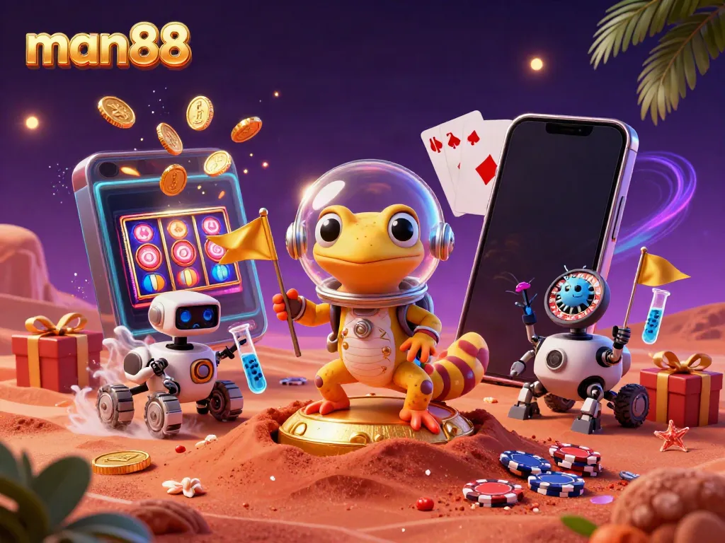 Experience the thrill of man88 with a Martian gecko in a vibrant golden casino world