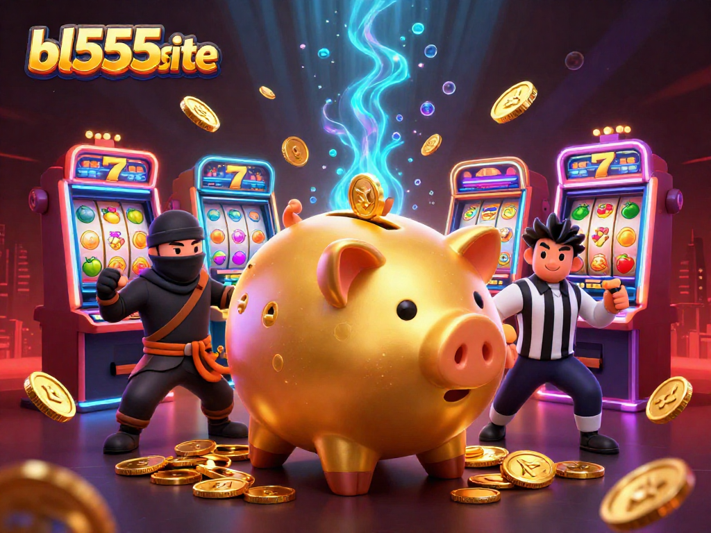 Spin the reels at bl555site with a vibrant 3D casino illustration filled with fun characters and elements.