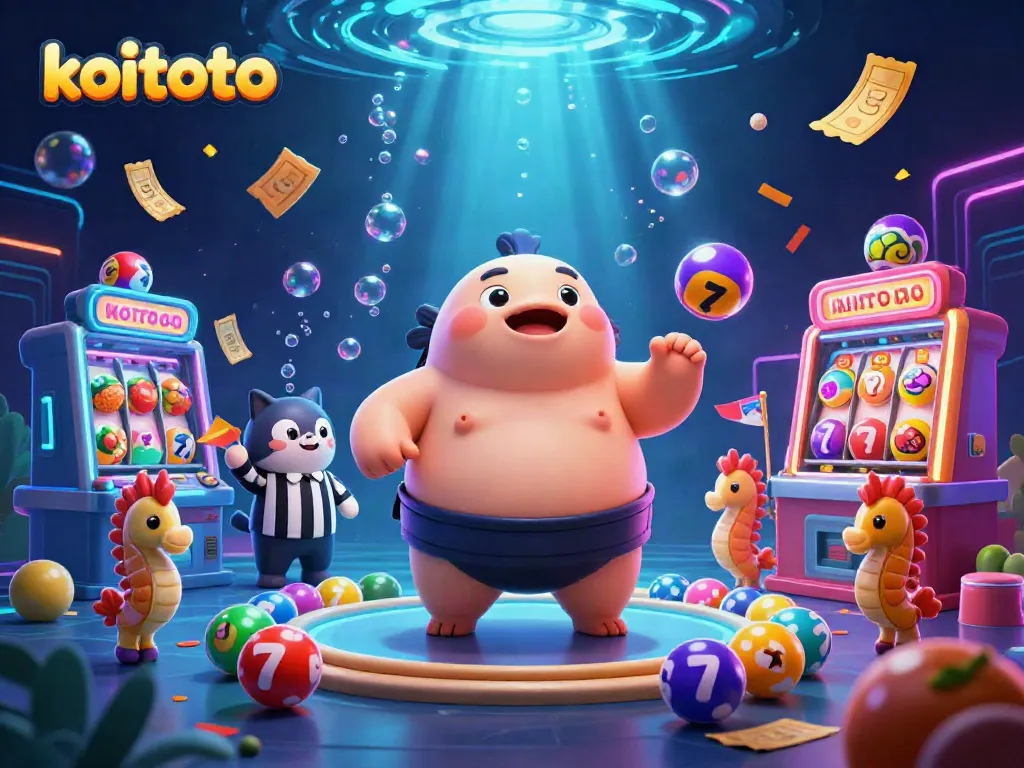 Koitoto hadir sebagai situs slot gacor dengan fugu 3D beraksi di arena, dikelilingi bola lotere berwarna-warni.