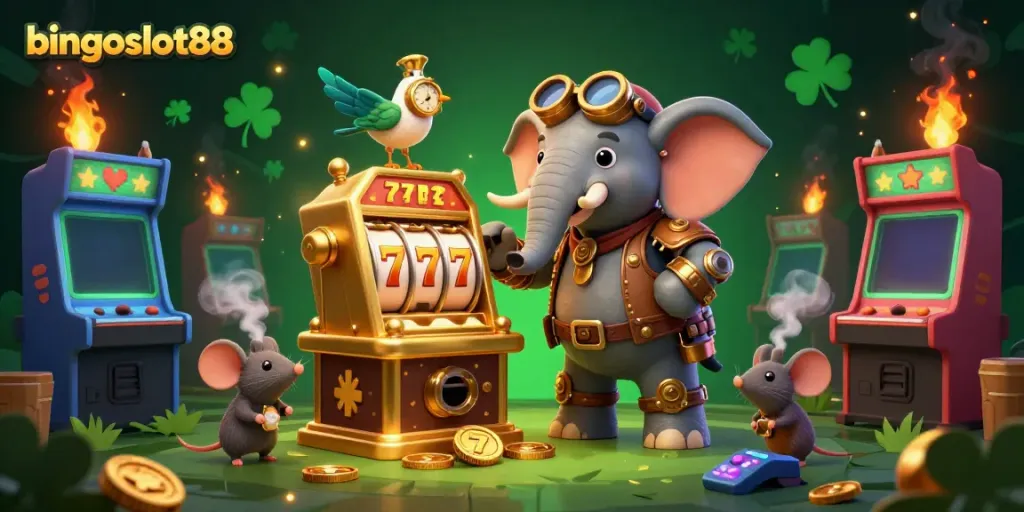 Bingoslot88 membawa keseruan permainan slot dengan mesin emas, simbol keberuntungan, dan karakter unik.