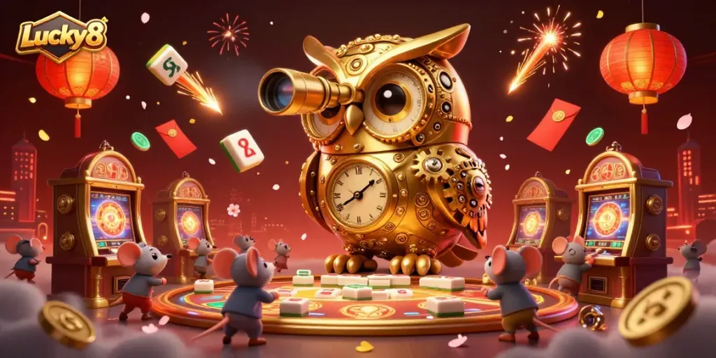 Experience the excitement of Lucky8 with this vibrant illustration of an animated casino scene filled with rich game elements.