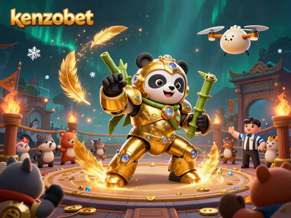 Kenzobet showcases a vibrant 3D arena scene with a mech-suit golden panda amidst cheering spectators and gambling-related elements.