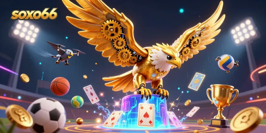 Experience thrilling sports betting action with soxo66 in a vibrant, dynamic 3D casino scene.