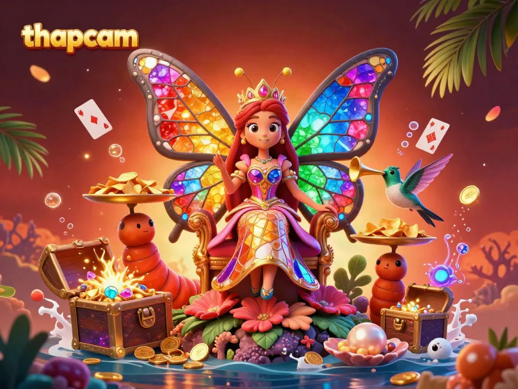 Experience the vibrant world of thapcam with captivating 3D visuals of the butterfly queen amidst dazzling gaming treasures.