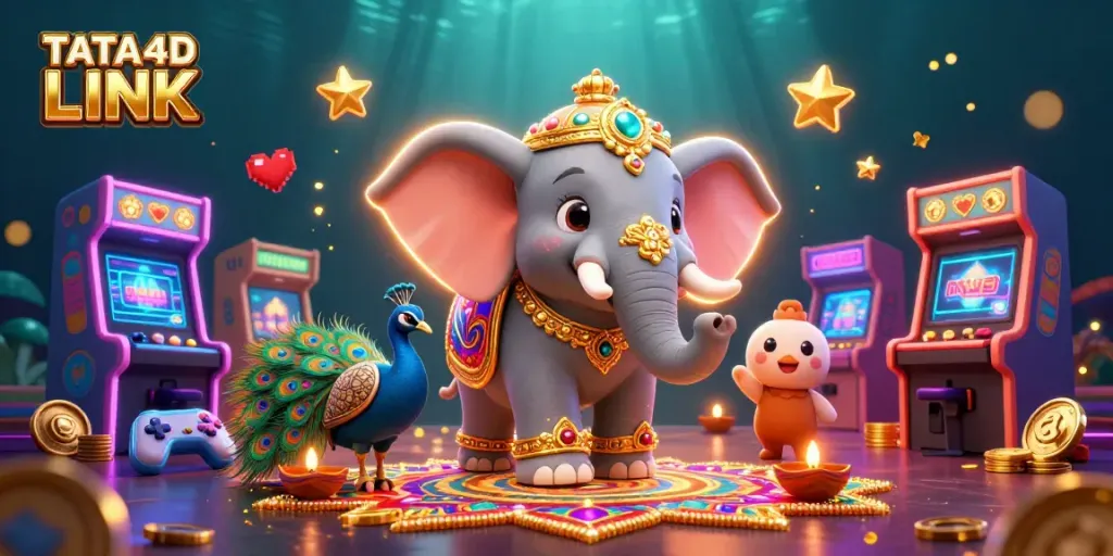 Engage in the excitement of gaming with TATA4D LINK, featuring colorful characters and dynamic casino elements.
