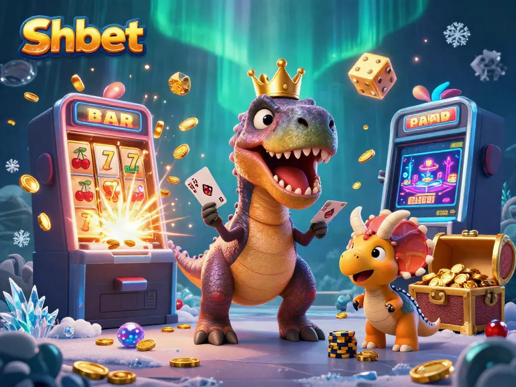 Experience thrilling casino action with shbet, featuring a cartoon T-Rex with cards, chips, and exciting gaming elements.