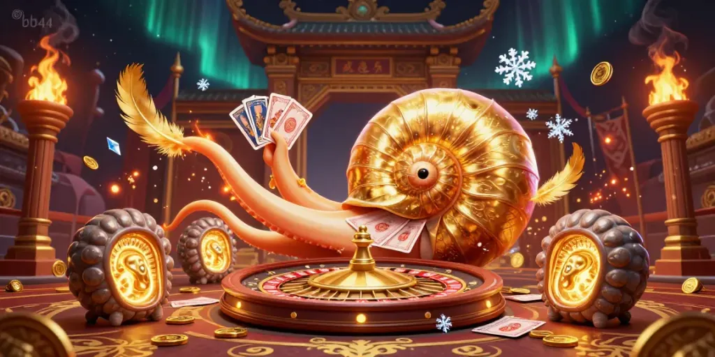 Engage with bb44's vibrant casino world, featuring a nautilus roulette wheel and glowing fossils.