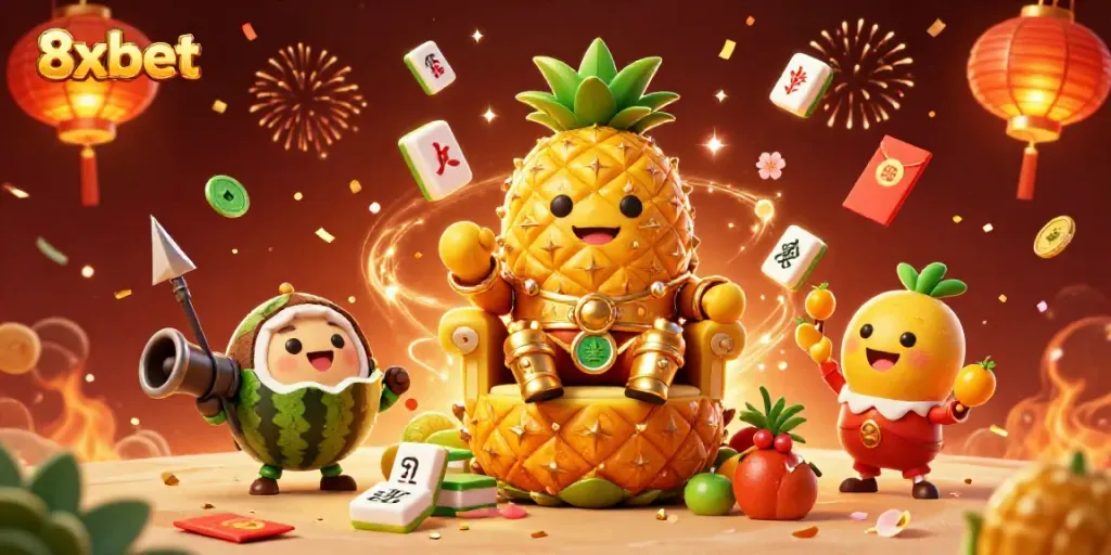 Experience the vibrant magic of 8xbet with a cartoon pineapple king and tropical characters.