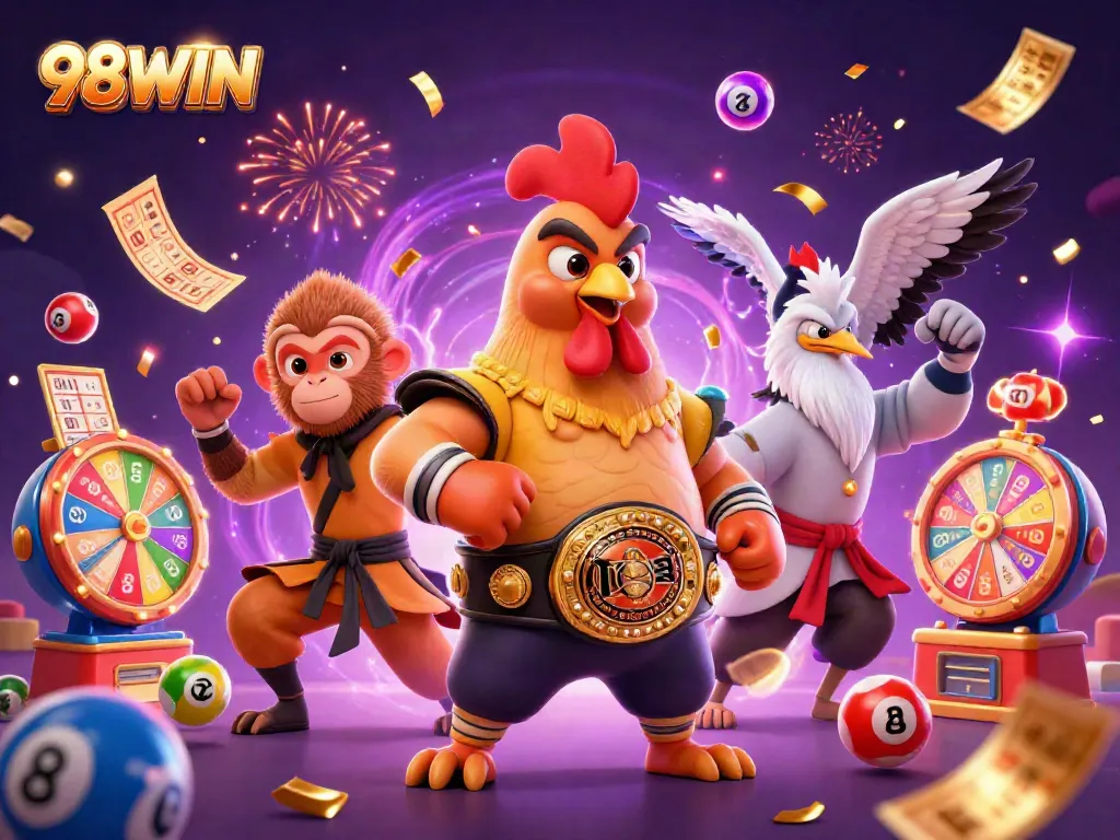 Engage in immersive gameplay with 98WIN, featuring dynamic lottery balls and celebratory elements.