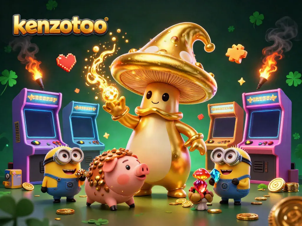 Experience the thrilling fish shooting excitement with kenzototo's vibrant character-filled scene showcasing underwater treasures and colorful arcade elements.
