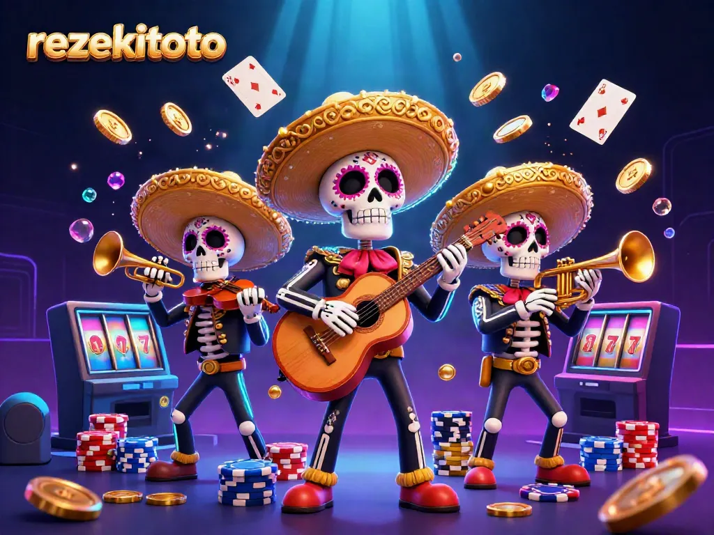 Join the fun at rezekitoto with colorful mariachi skeletons and exciting casino elements.